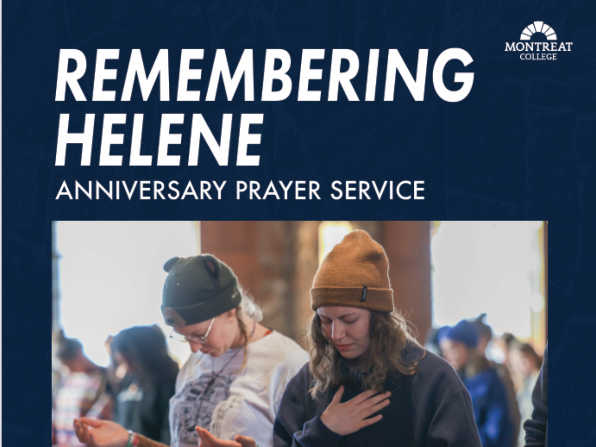 Poster reading “Remembering Helene” with “Anniversary Prayer Service” above two people praying indoors