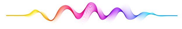 A colorful wave graphic, spanning a gradient of colors from yellow to blue, over white.
