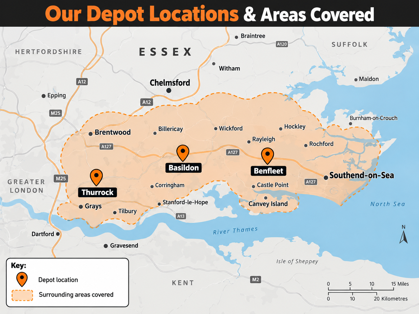 Map of southeast England showing depot locations and coverage areas marked by orange pins and circles.