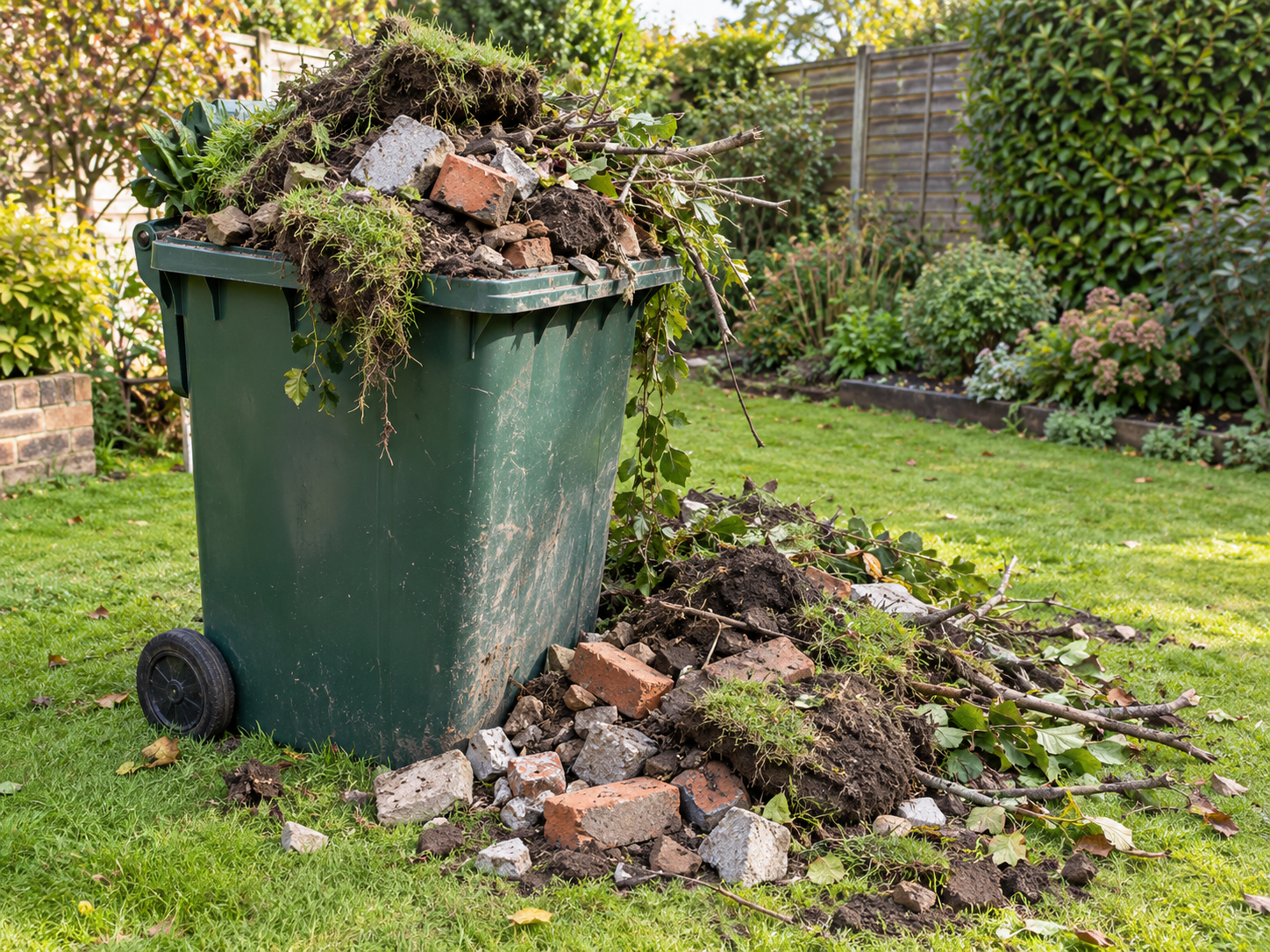 Green garden bin overflowing with yard waste and rubble on a lawn