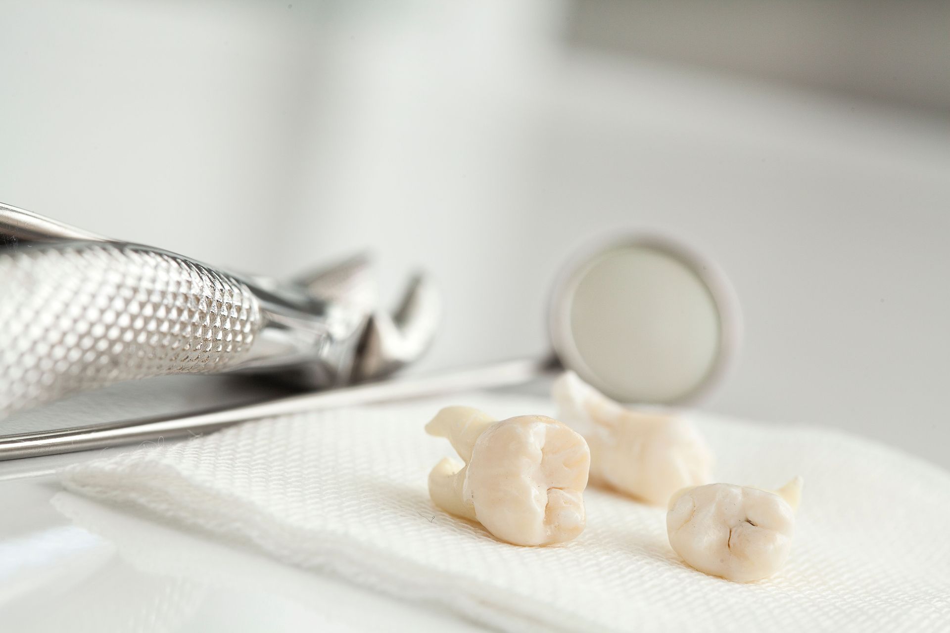 Three extracted teeth on a white paper towel with dental tools in the background.