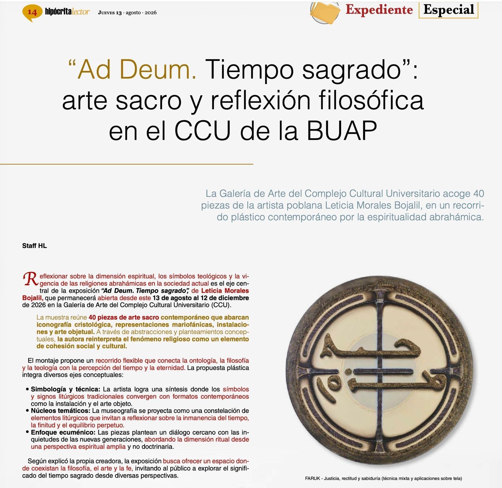 Cartel en español sobre arte sacro y reflexión en BUAP CCU, con una obra de arte religiosa circular.