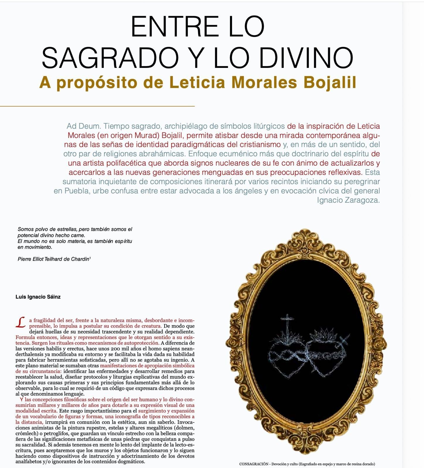 Portada del libro titulado “Entre lo sagrado y lo divino” con un marco dorado ornamentado sobre fondo blanco.