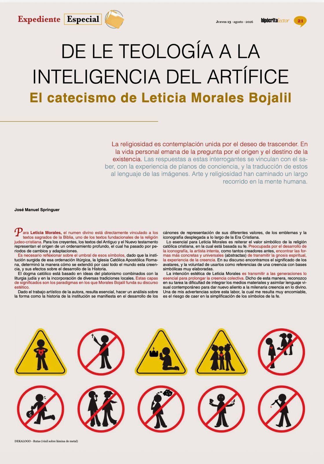 Cartel español titulado “De le teología a la inteligencia del artificie” con texto y símbolos de advertencia en la parte inferior.