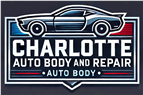 Charlotte Auto Body and Repair logo with a silver car over a dark background
