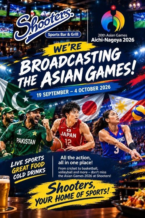 Shooter’s sports promo for Asian Games 2026, with athletes, national flags, and bold “We’re broadcasting the Asian Games!” text