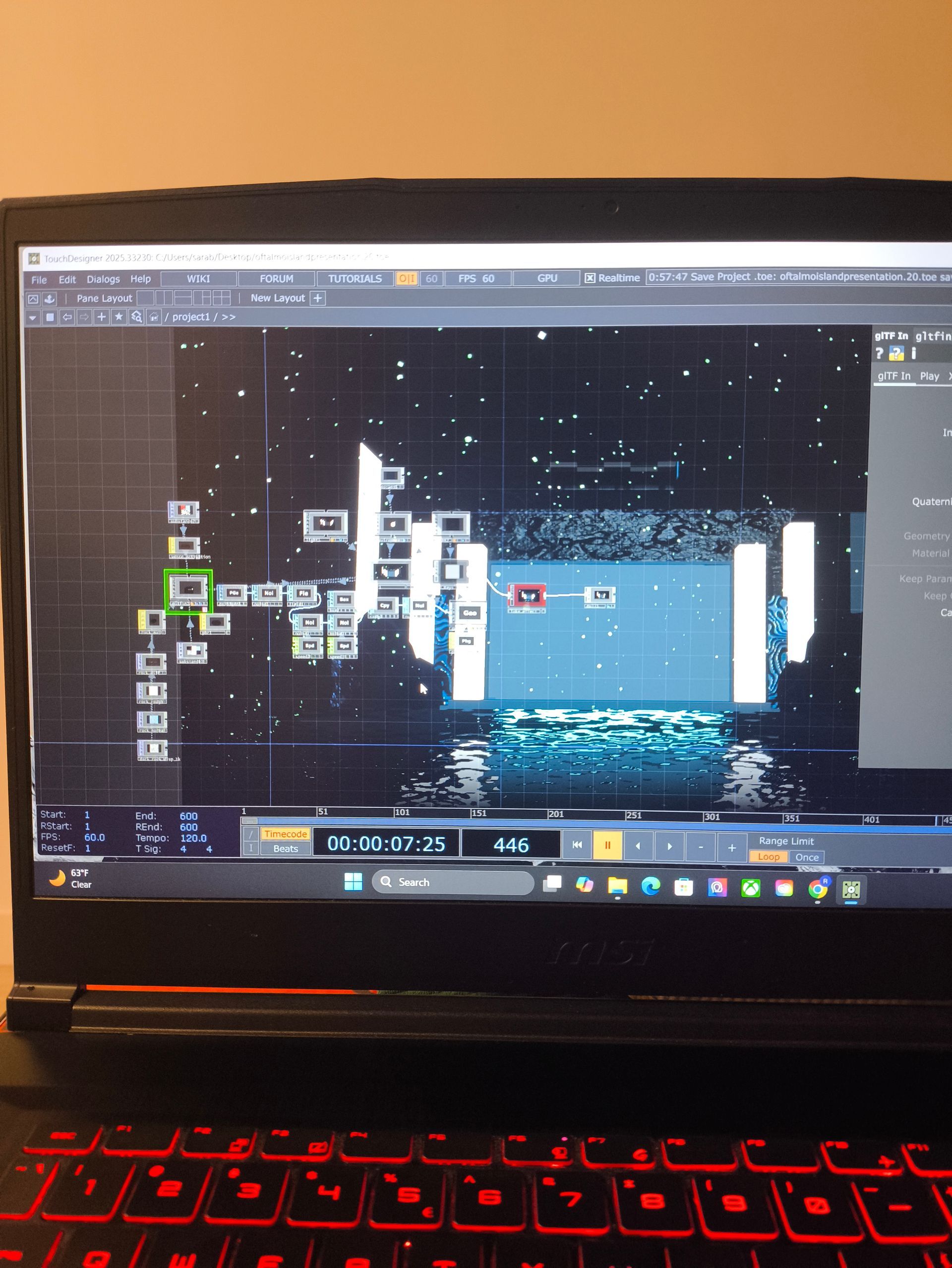TouchDesigner project in progress on a laptop during the Oftalmo Isla visual build