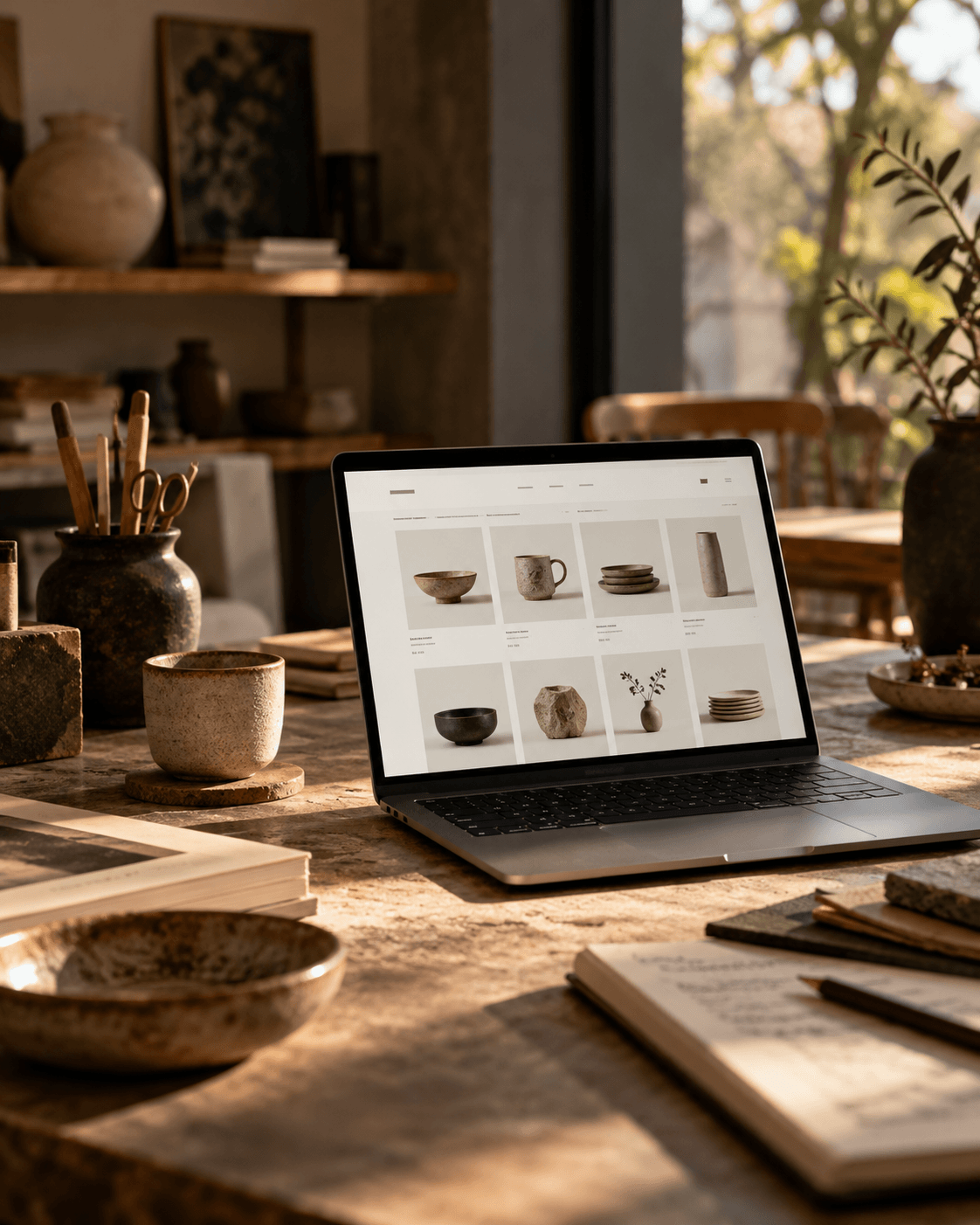 Warm analog photograph of an artisan workspace and its digital storefront