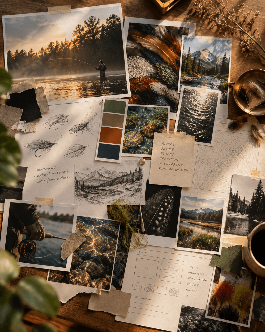 Tactile editorial moodboard of photographs, printed references and material samples