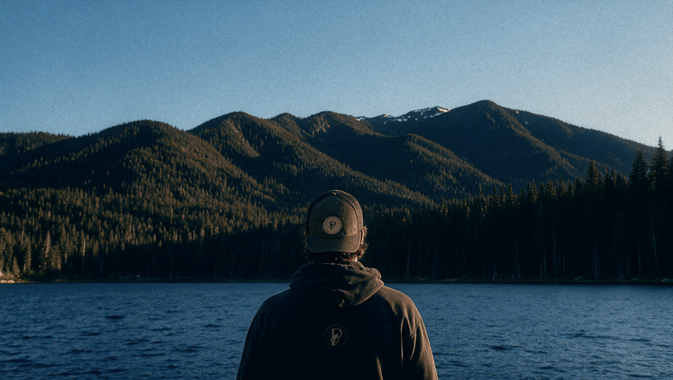 Person standing by a mountain lake wearing PLUMA