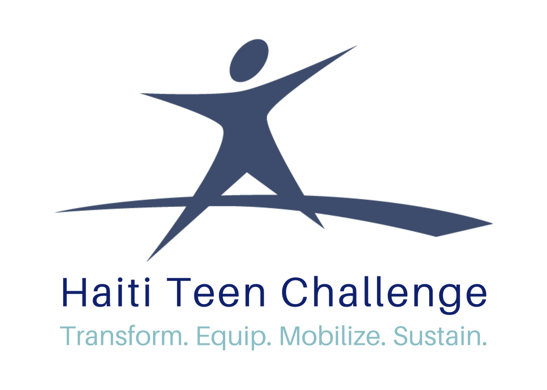 Logo for Haiti Teen Challenge: a stylized blue figure jumping above a curved line, with the text below on two lines.