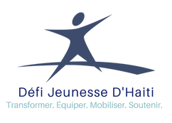 Logo for Défi Jeunesse D’Haiti featuring a stylized human figure above text in blue and light gray.