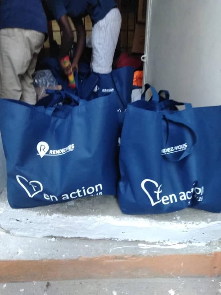 Several blue bags with
