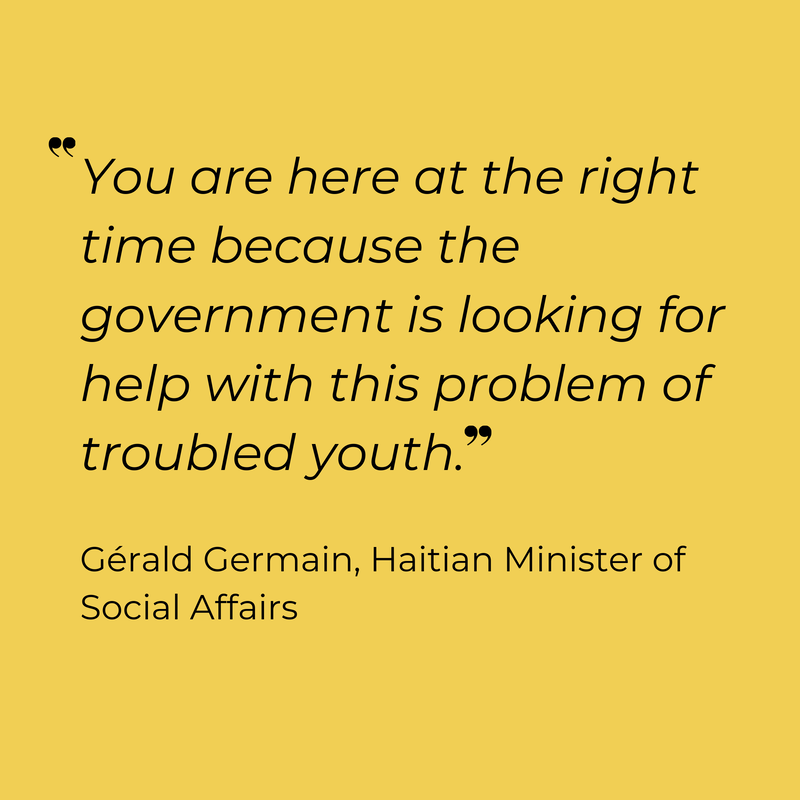 A yellow background displaying a quote from Gérald Germain about the government seeking help for troubled youth.
