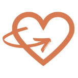 A terracotta-colored line drawing of a heart with an arrow circling through it.