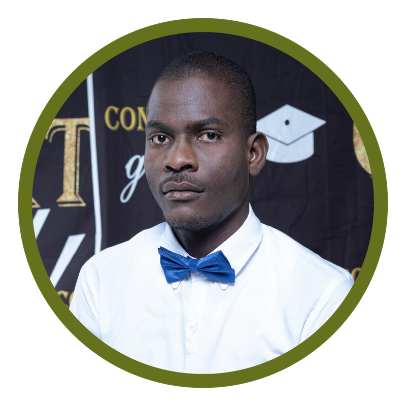 A person wearing a white collared shirt and a blue bowtie, positioned in front of a graduation-themed backdrop.