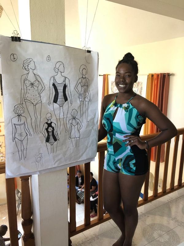 A person wearing a geometric-patterned green swimsuit stands next to a poster displaying fashion sketches of swimwear.