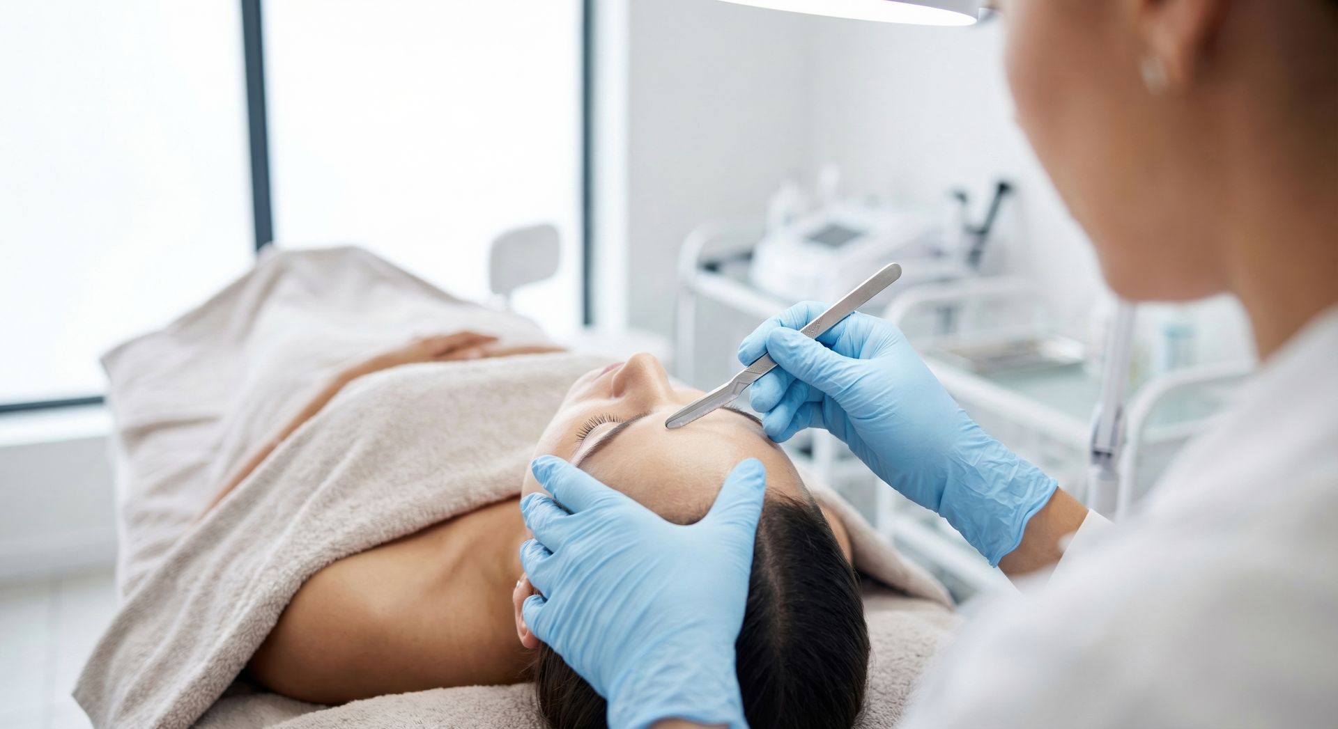 A gloved esthetician guides a sterile surgical blade across a reclined client's bare forehead skin.