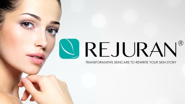 Woman with smooth skin next to "Rejuran" logo and tagline "Transformative skincare to rewrite your skin story."