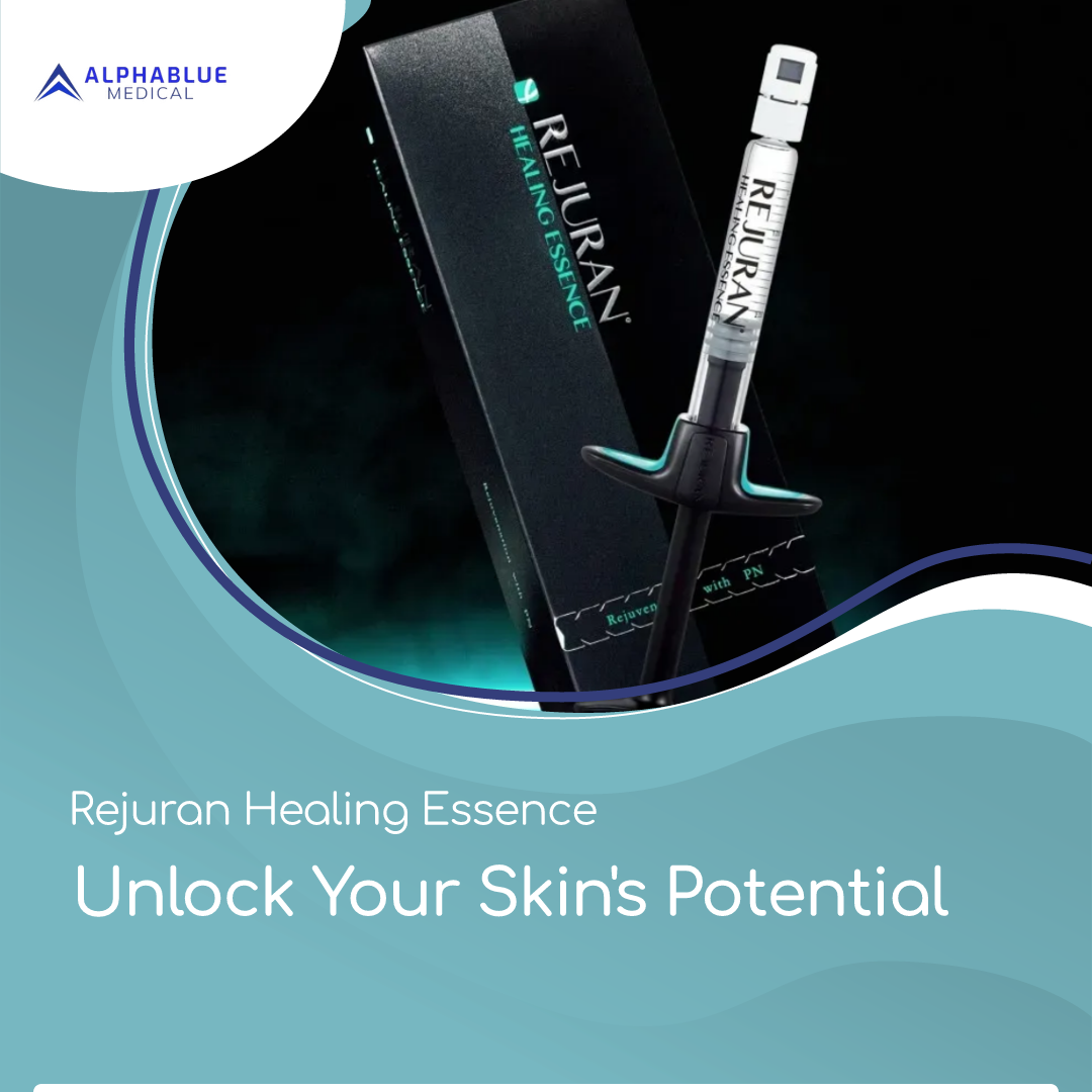 Rejuran Healing Essence product with a syringe, box, and text "Unlock Your Skin's Potential" on a teal background.