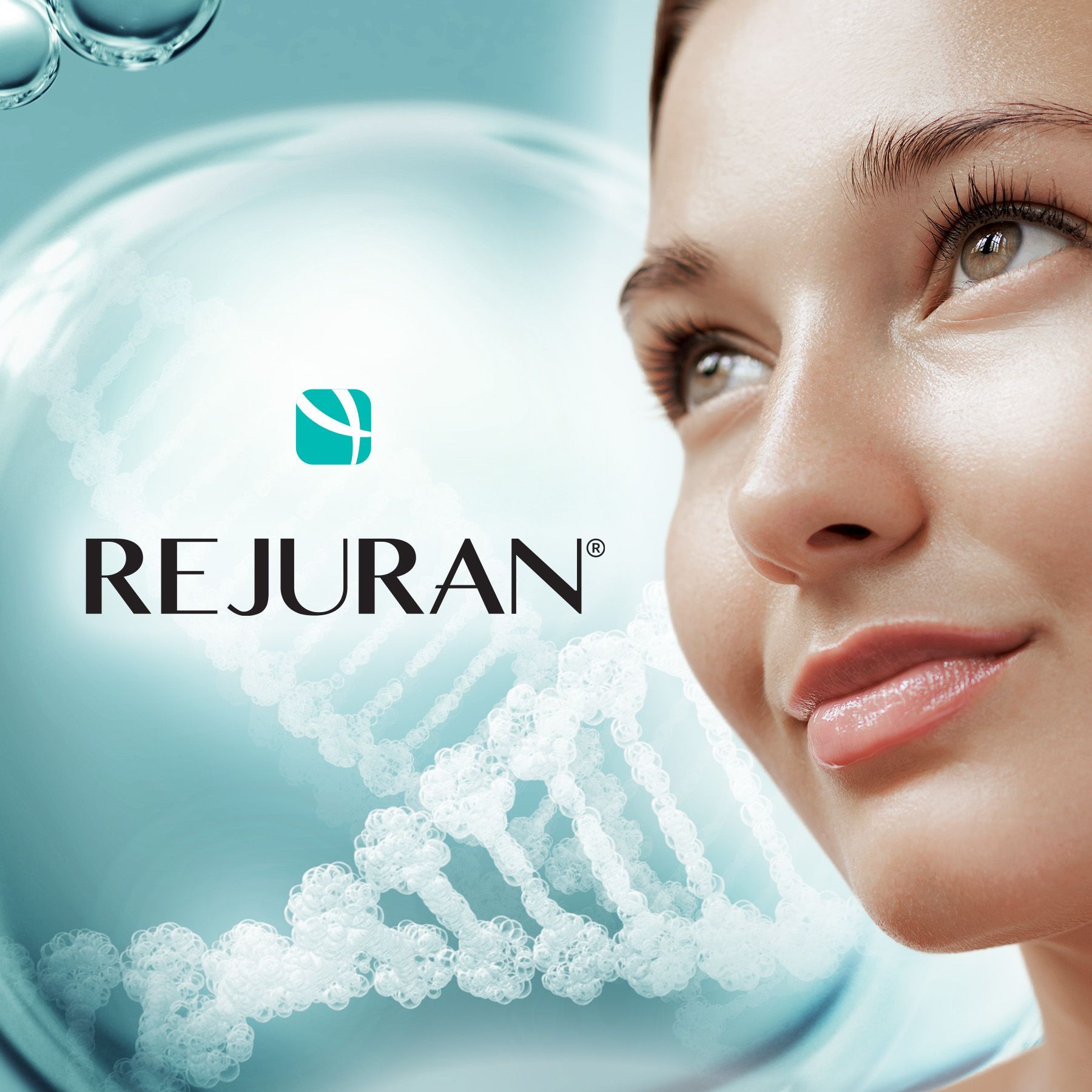 Woman with radiant skin, REJURAN logo, blue background with DNA helix graphic.
