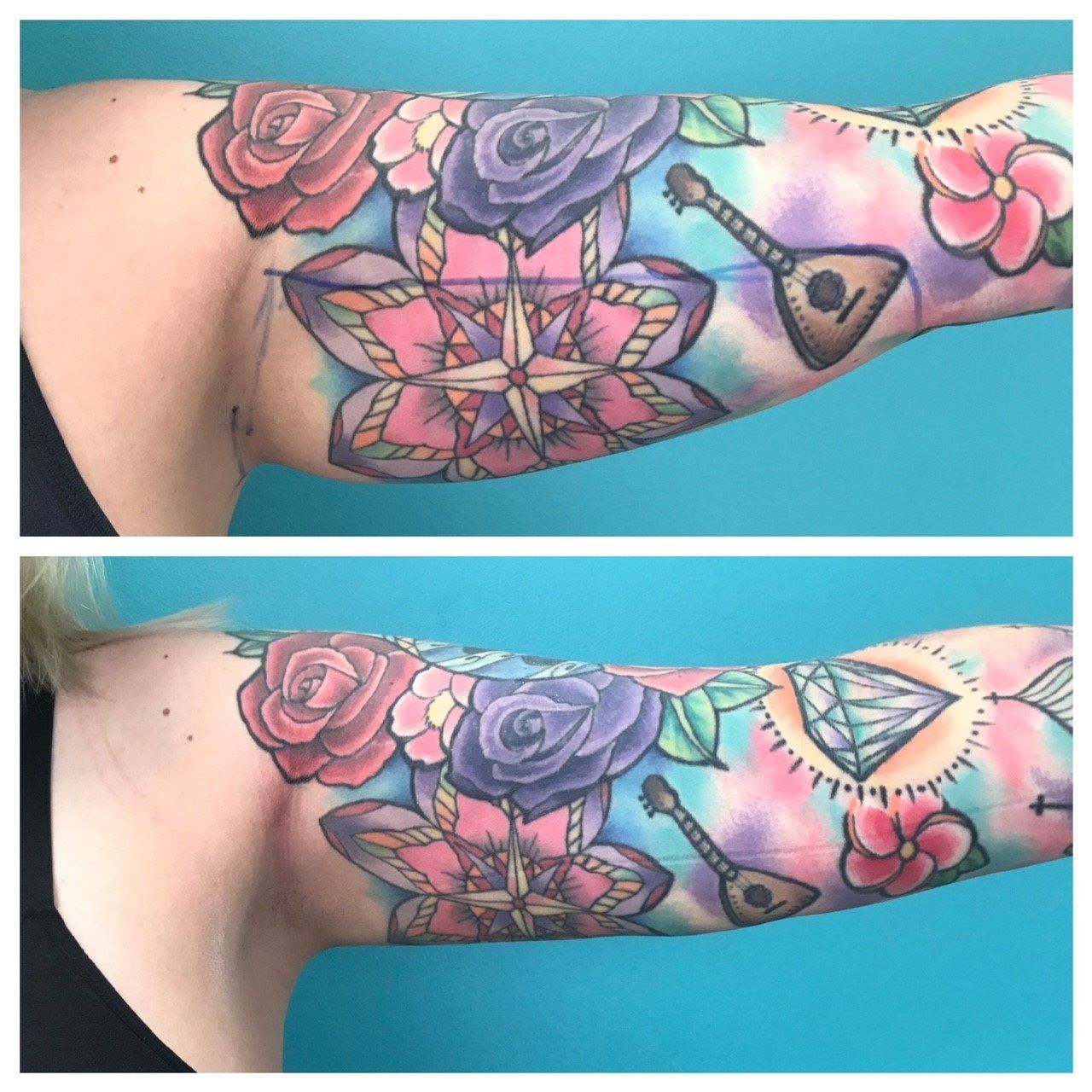 Tattoo on forearm: roses, mandala, instrument, diamond, colorful watercolor background.