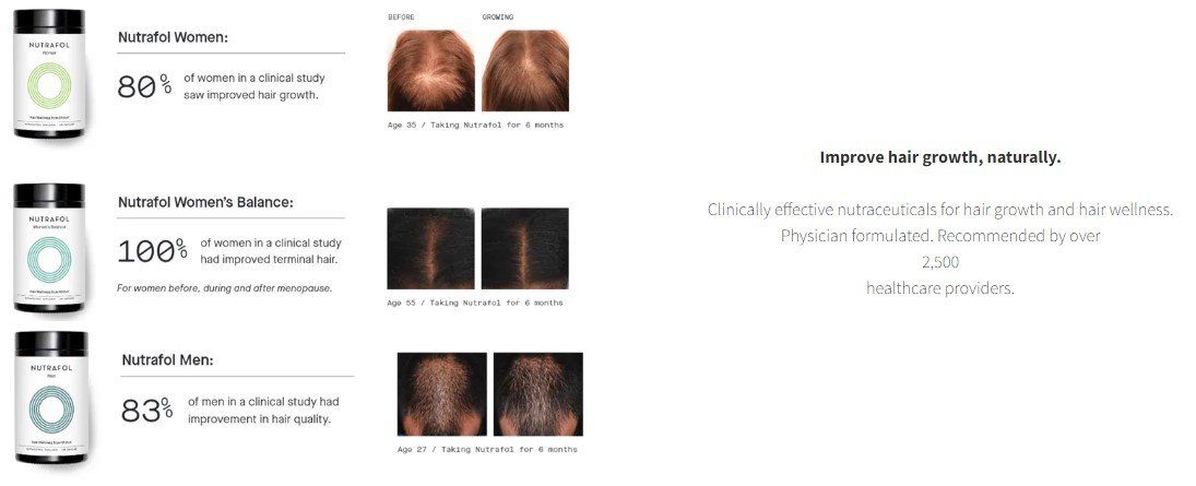 Product packaging with before and after hair growth comparison results.