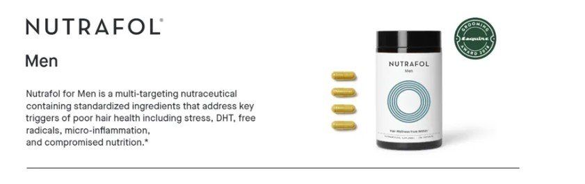 Nutrafol Men supplement bottle with four capsules, featuring a green seal.
