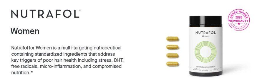 Nutrafol Women supplement bottle with capsules, white and green design. Purple seal in the corner.