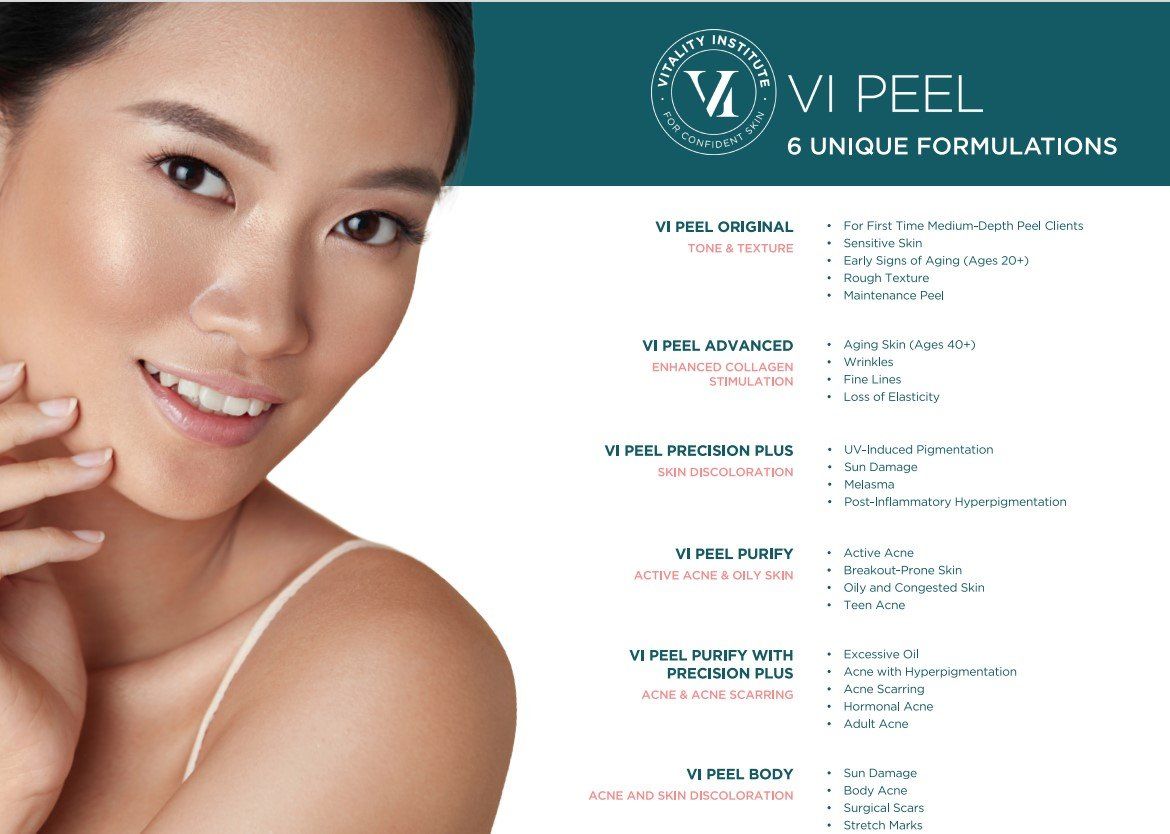 Woman with glowing skin next to a flyer for VI Peel skincare treatments.