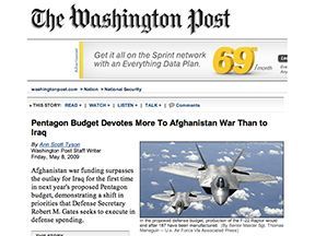 Washington Post article: Pentagon budget shifts funding to Afghanistan war, surpassing Iraq.