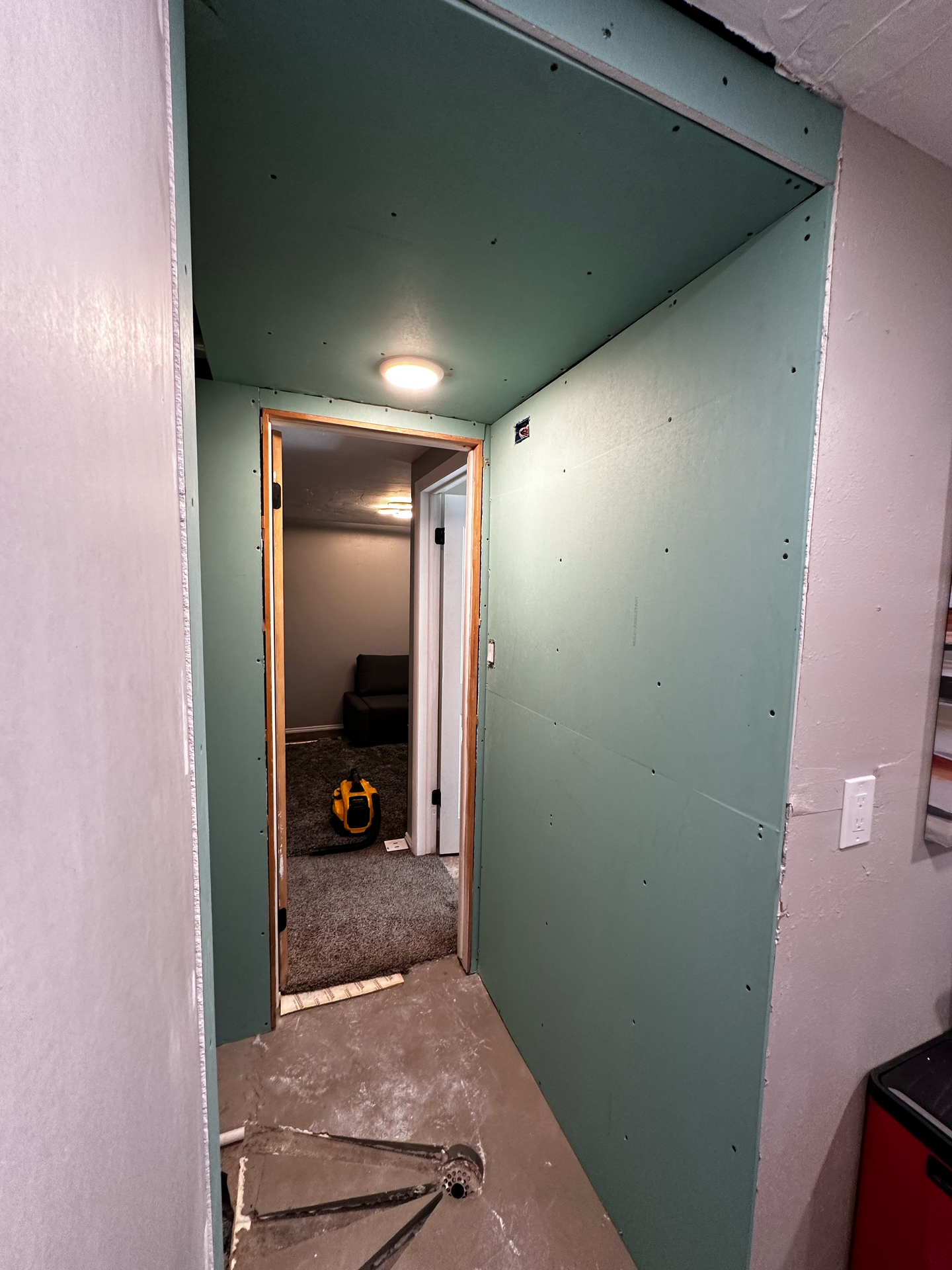 A hallway with green walls and a door in a house under construction.