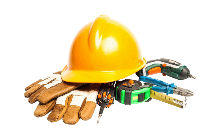 A hard hat , gloves , tape measure , pliers and a screwdriver on a white background.