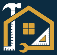 An icon of a house with a hammer , ruler , and wrench.