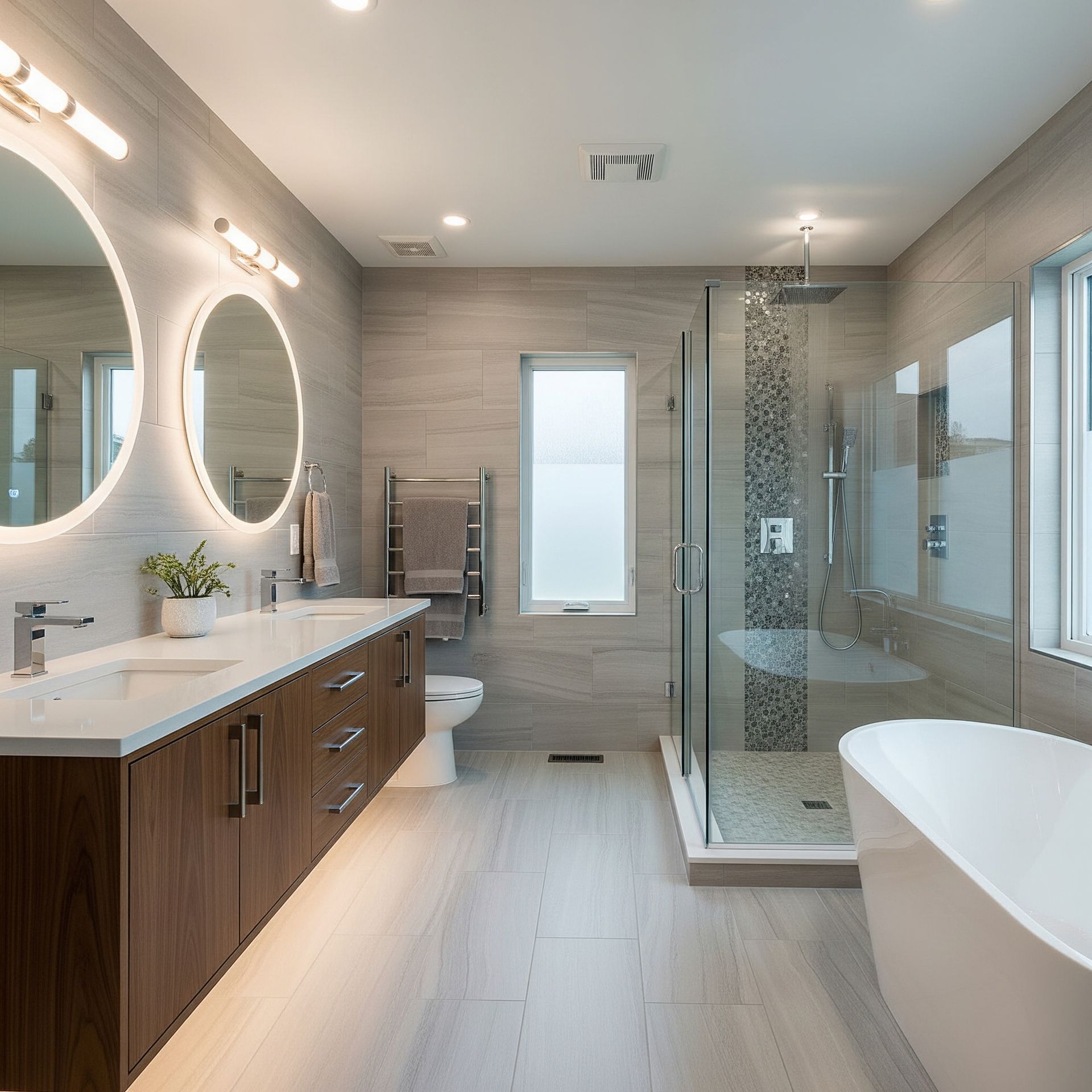 Modern bathroom with double vanity, shower, tub, and light gray tile.