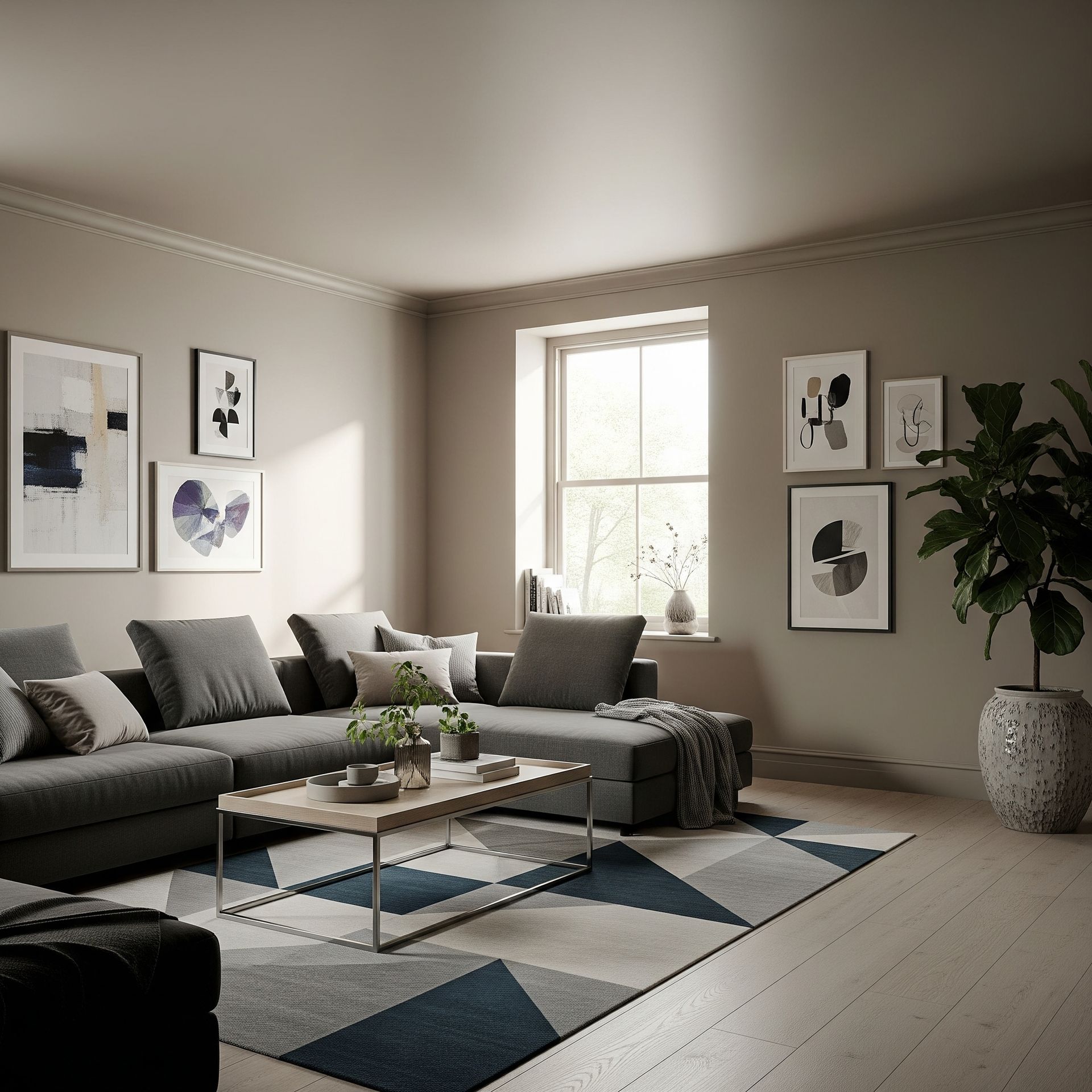 A modern living room with gray sectional sofa, art, and a patterned rug.