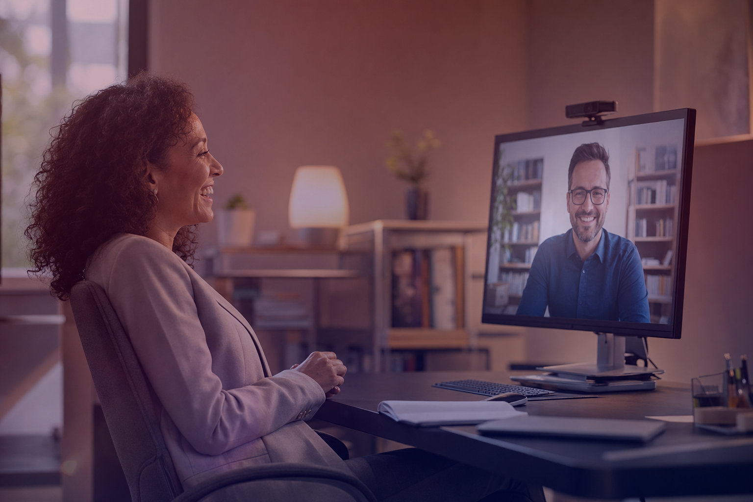 Eine Frau chattet per Video mit einem Mann auf einem Desktop-Monitor an einem Schreibtisch. Bild mit KI erstellt