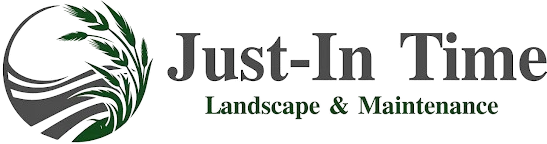 Just-In Time Landscape & Maintenance logo with green leaf swirl icon and gray text