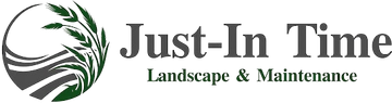 Just-In Time Landscape & Maintenance logo with green leaf swirl icon and gray text