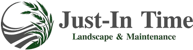 Just-In Time Landscape & Maintenance logo with green leaf swirl icon and gray text