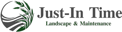 Just-In Time Landscape & Maintenance logo with green leaf swirl icon and gray text
