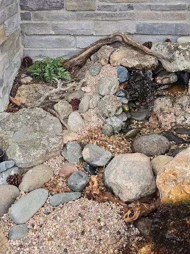 Rock garden with scattered stones, a small stacked stone feature, and a stone wall backdrop
