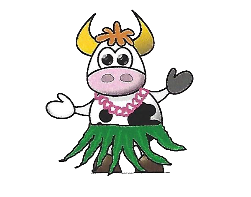 A cartoon cow is wearing a hula skirt and a lei.