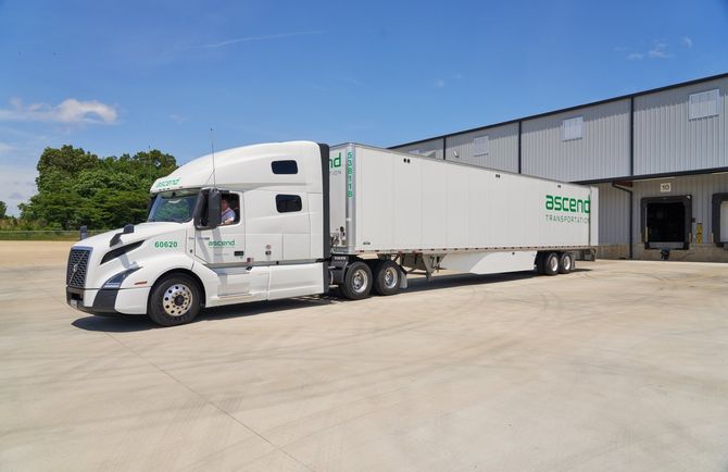 Ascend Transportation truck parked in home warehouse in Jackson, TN.