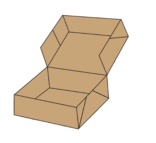 A cardboard box with the lid open on a white background.