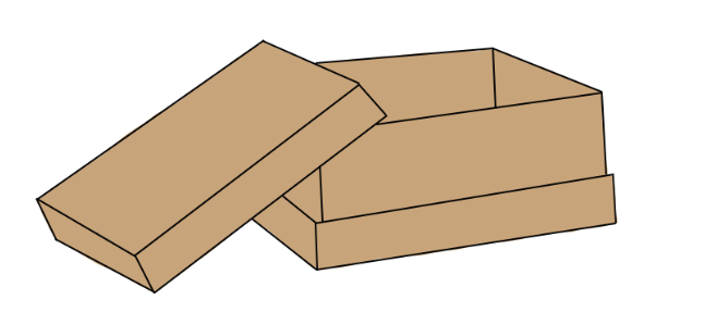A cardboard box with the lid open on a white background.