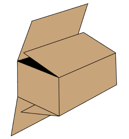A drawing of a cardboard box with the lid open.