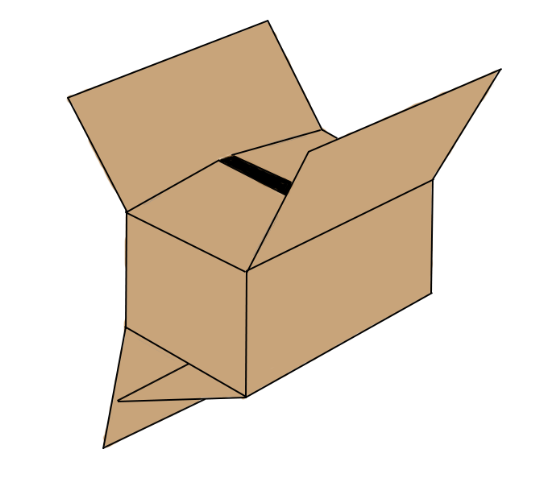 A drawing of a cardboard box with the lid open