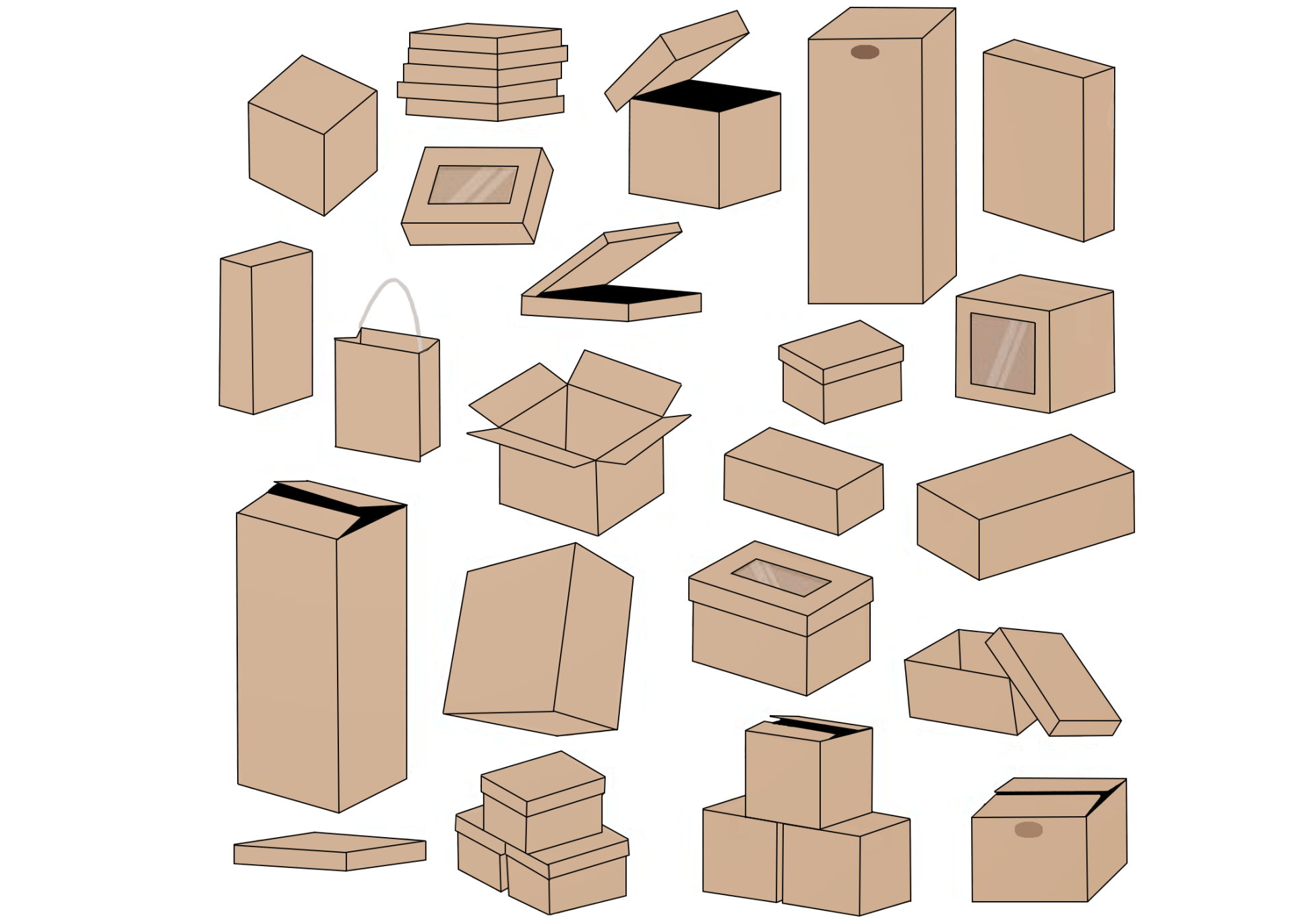 Many different types of cardboard boxes are shown on a white background