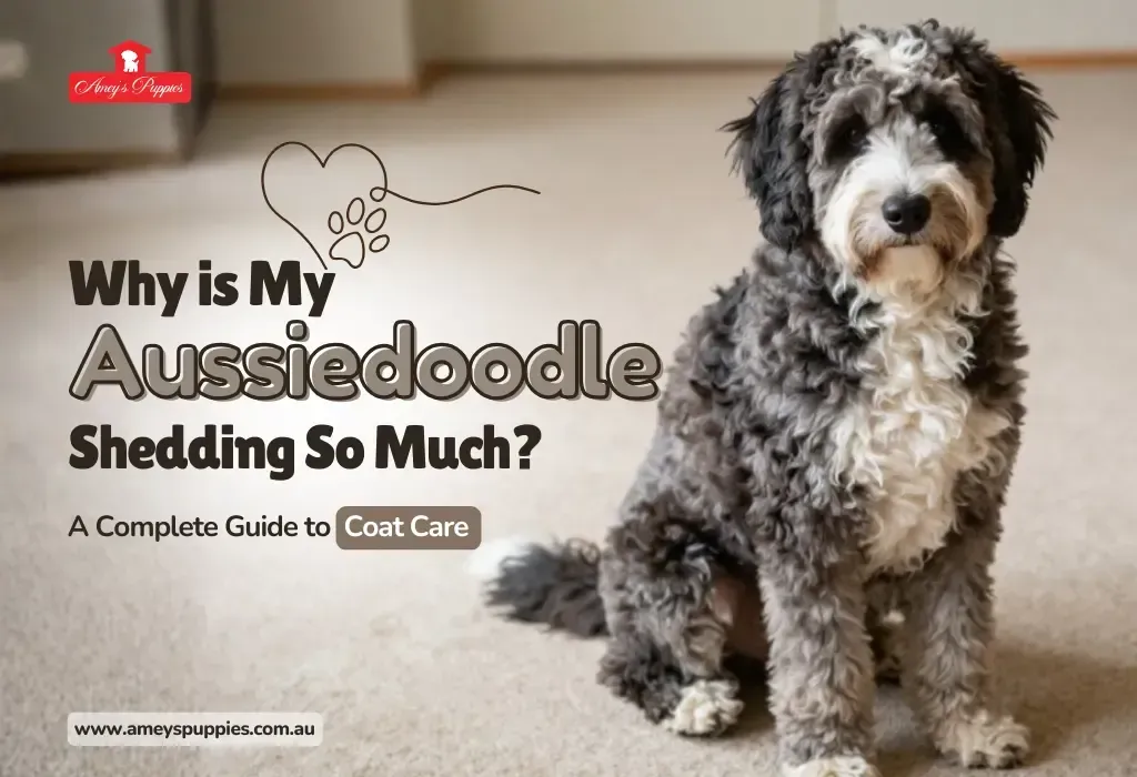 A curly black-and-white Aussiedoodle sitting on a rug with text about shedding and coat care.